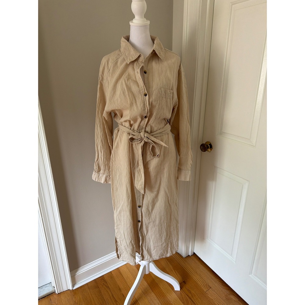 H&M Linen Blend Shirt Dress Beige Button Front Belted Midi Dress Womens Size M